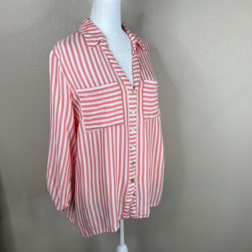 Ruby Rd. Women's Striped Button Up Shirts Long Sleeve Red/White Size L